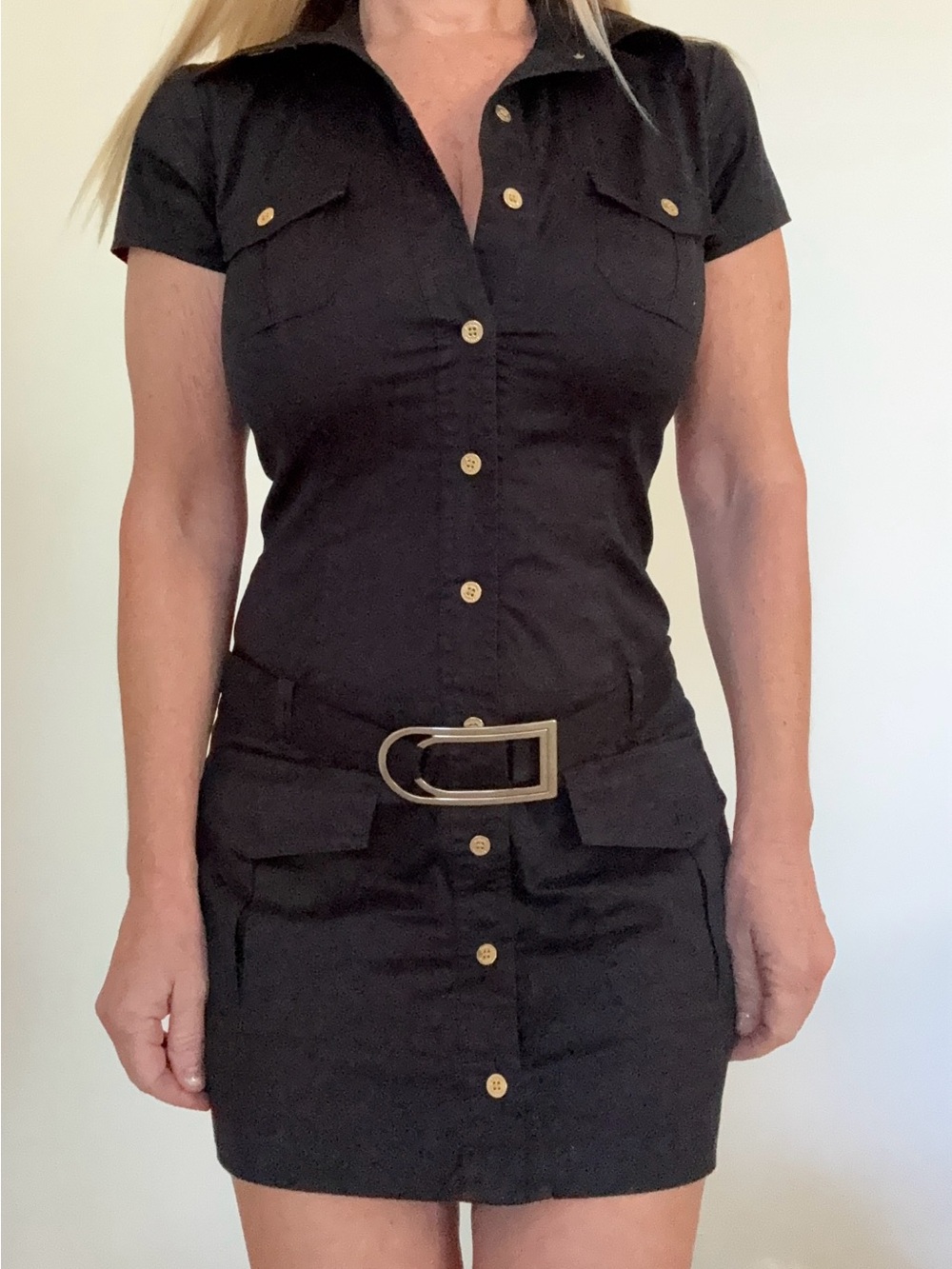 Marciano Black Short Sleeve Button-Front Shirt Dress with Gold Buttons